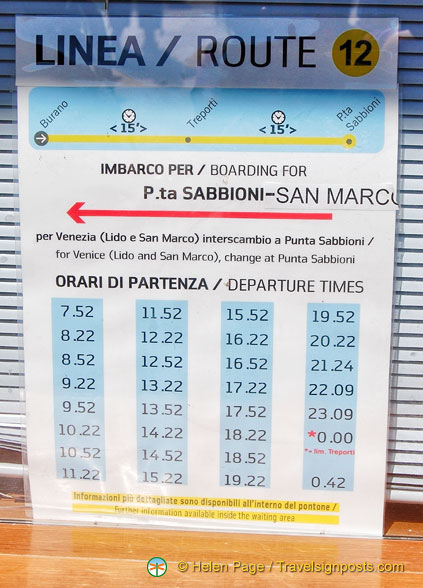 Vaporetto Line 12 timetable from San Marco to Punta Sabbioni