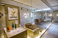 Displays of Orval beer glasses and bottles