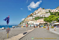 View of Positano town from the Spiaggia Grande