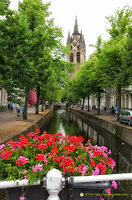 View down the Oude Delft and the Oude Kerk clock tower