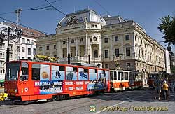 A tram in front of the Opera House, Bratislava, Slovakia