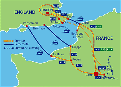 Map of Dshowing how to get to Disneyland Paris from the UK