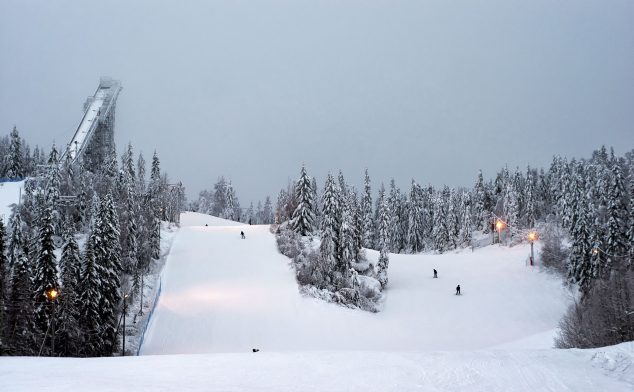 Dramatic snowy landscapes surround Vuokatti slopes and ski jump