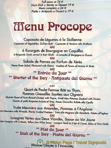Menu at Café Procope - Paris