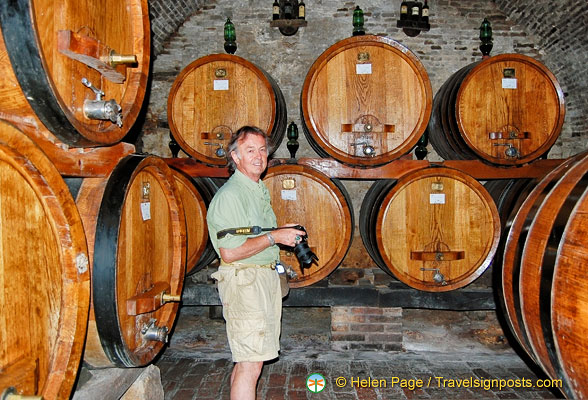 Tony checks out the wine barrels at the Contucci Cellars in the Piazza Grande