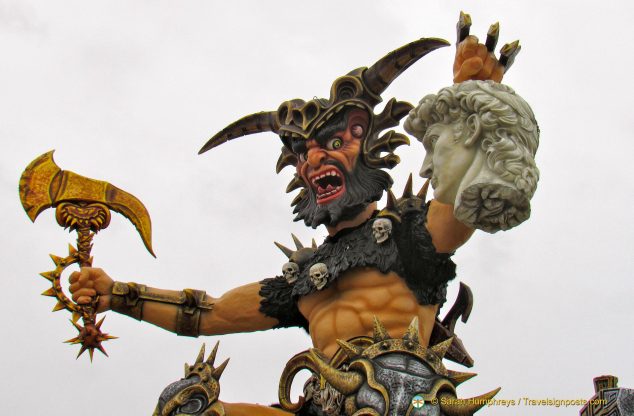 A Barbarian holding Michelangelo's David's severed head - a winning float from the Viareggio Carnival