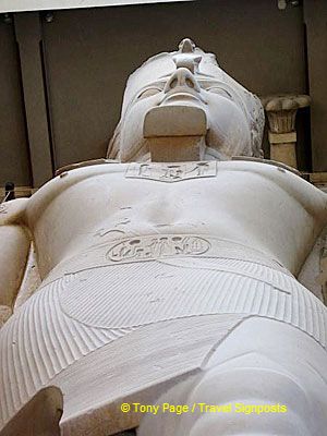 The cartouche of Rameses II can be seen on his belt.[Rameses II - Memphis - Egypt]