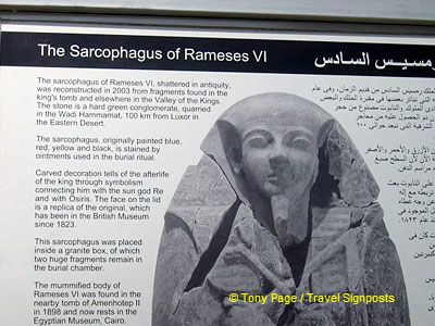 Fragments of the Sarcophagus were found in the king's tomb and elsewhere in the valley.
[Rameses VI - Valley of the Kings - Egy