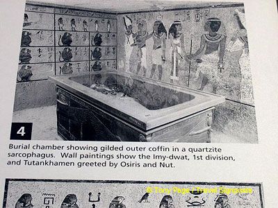 Burial chamber showing gilded outer coffin in a quartzite sarcophagus.
[Tutankhamen - Valley of the Kings - Egypt]
