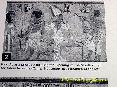 King Ay, as a priest, performing the Opening of the Mouth ritual for Tutankhamen.
[Valley of the Kings - Egypt]