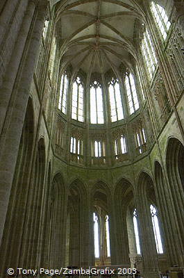 Four bays of Romanesque naves survive.  Three were pulled down in 1776 creating the West Terrace [Mont-St-Michel - France]