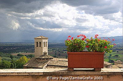Geraniums flourish in this town, adding colour to its panoramic views of the Umbrian countryside