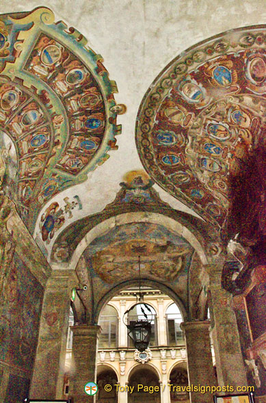 Decorated walls and ceiling of the Archiginnasio of Bologna, lower portico
