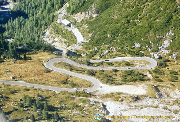 The zig-zag road from the Lagazuoi peak down to the valley
