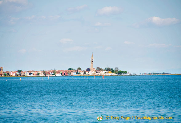 Approaching Burano and its leaning tower