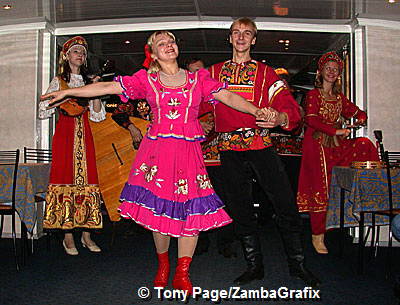 Folk dancing on a Neva River Cruise 