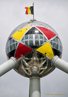The Belgian flag draped sphere at the top of the Atomium