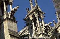 Spires and gargoyles were added in the 19th C. by architect Viollet-le-Duc 