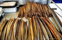 Neatly stacked smoked eel