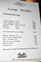 Price list of Raffelsberger Hof's Lounge which works on an honour system