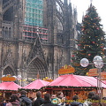 A busy Christmas market set against Cologne Dom and its Christmas tree