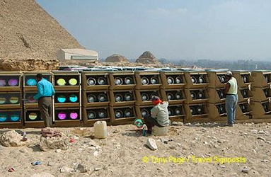 Adjusting the lights for tonight's Son-et-Lumiere show.

[The Giza Plateau - The Great Pyramids - Egypt]
