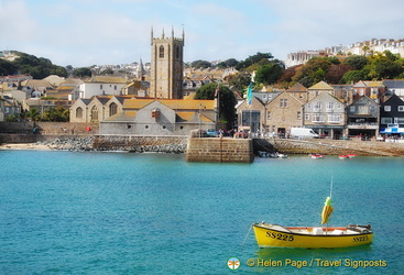 St Ives Bay and the towering St Ives Parish church tower 