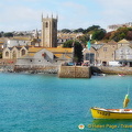 St Ives Bay and the towering St Ives Parish church tower 