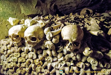 Some skulls and bones in the Catacombes