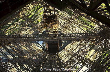 Looking up inside the lift shaft of one pillar of the Eiffel Tower 