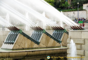 20 water canons shoot water into the Fountain of Warsaw basin
