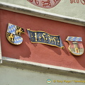 Bavarian and town crest on gable of Deggendorf Old Town Hall