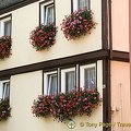 Beautiful flower baskets decorate many of the windows in town
