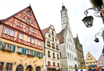 The white building with the tower is the Rathaus on Marktplatz