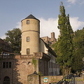 The white tower of a former princely court (Hofhaltung) now houses the town hall