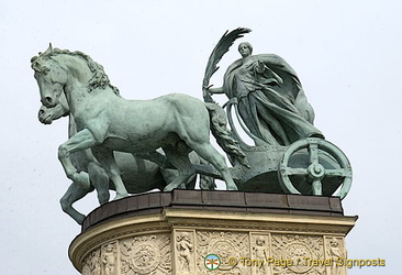 Equestrian statue of the seven Magyar tribes encircle the column