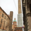 View of Bologna's two towers - Garisenda and Asinelli. The taller Asinelli Tower is being restored
