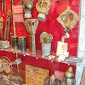 A collection of gas masks and gas bombs