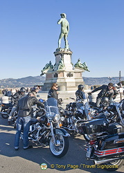 A bikies gathering around the Statue of David