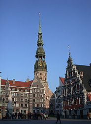 Petera Baznica (St Peter's Church) towers over the Ratslaukums square.