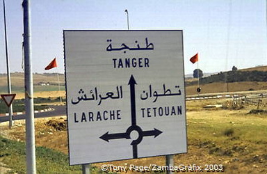 Road sign for Tangier, Larache and Tetouan