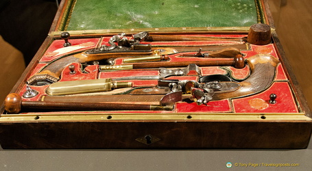 This pair of pistols, with imperial eagles engraved on them, probably belonged to Napoleon and were used at the Battle of Waterloo.