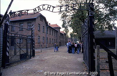 Arbeit macht frei sign at the gate of Auschwitz I camp