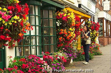 Colourful flower display's on one of Stratford-on-Avon's main streets