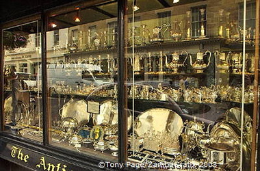 Antique shops abound in Bath. This one has magnificent Regency and Georgian silver.
