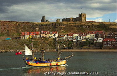 The scenic harbour at Whitby, Yorkshire, birthplace of Captain James Cooke.