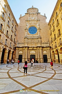 The facade of Montserrat Basilica and the inner courtyard