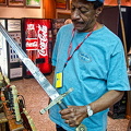 Mahlon checking out the Excalibur sword at the Suarez shop