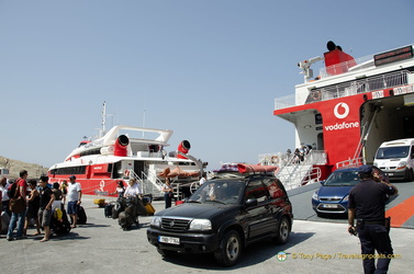 Vehicles offload at Santorini-Port 