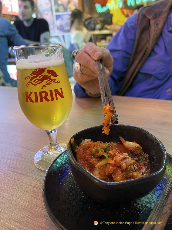 Spicy kimchi and Kirin Beer